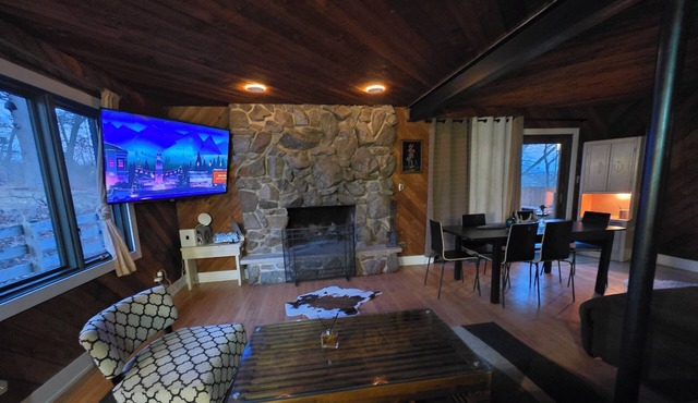 3-bedroom hillside property in woods with fireplace and lake view