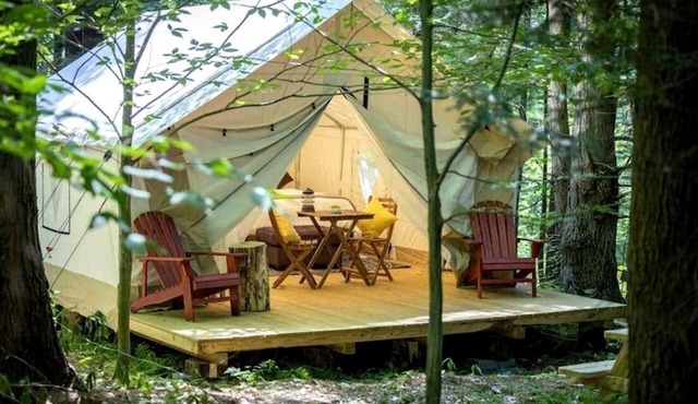 Spacious Group Glamping Site with Safari Tents, BBQ Gazebo, Fire Pits, Forest Trails in Broadalbin, New York