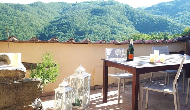 Stone Rustico with garden in an ancient village in Tuscany. View on ancient Pieve